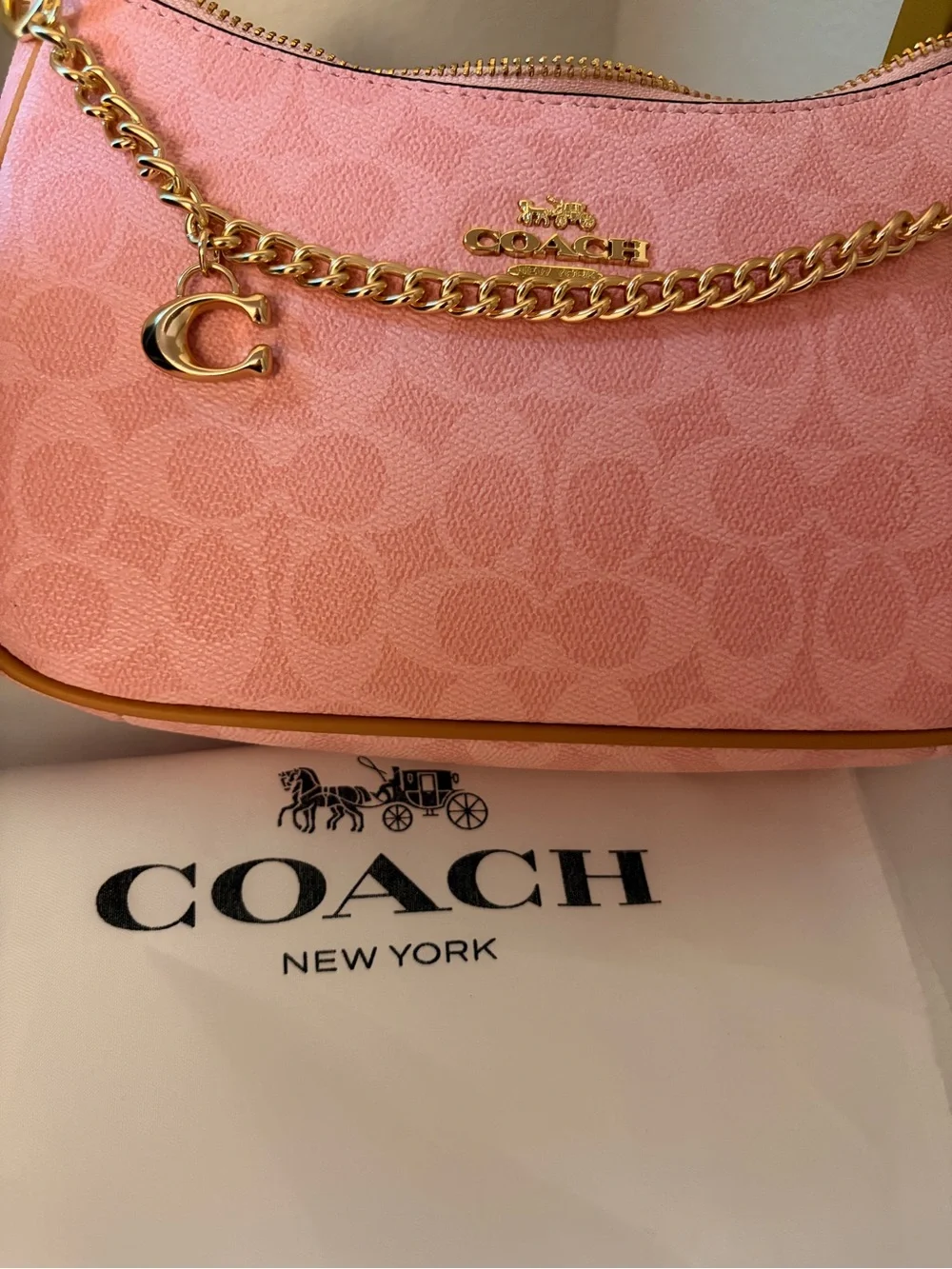 Coach Pink Signature Chain Shoulder Bag with Gold Hardware